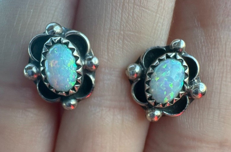 Vintage Sterling Silver Opal Earrings Floral Scalloped Design Boho Southwest