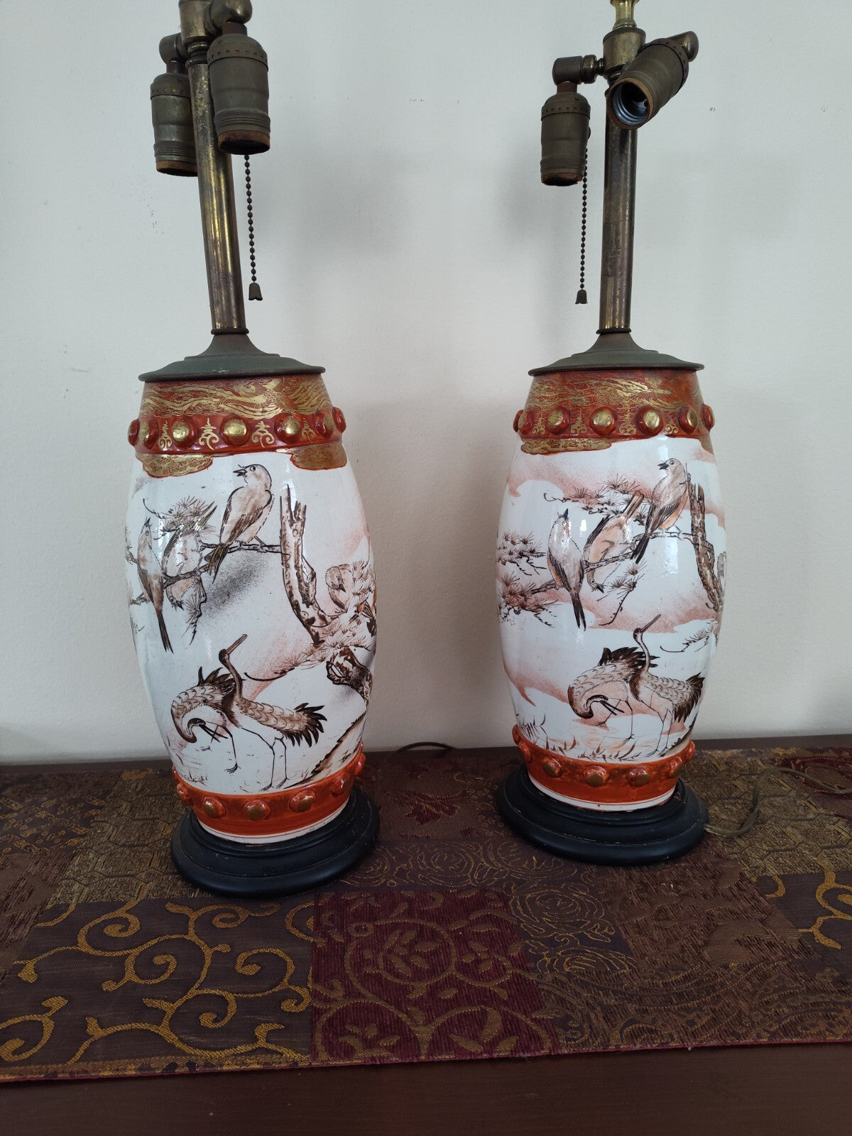 Pair Meiji Japanese Kutani Seizan Lamps, Gilt Birds & Cranes, Hand Painted