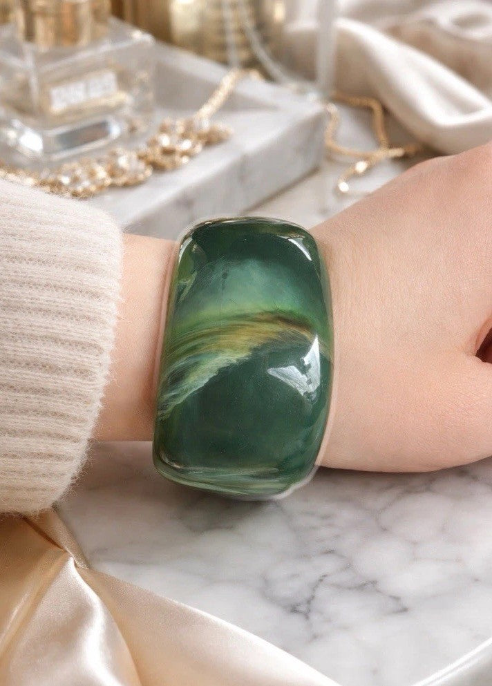 Rare Wide Marbled Green Bangle Cuff | Art Deco Era Statement Bracelet