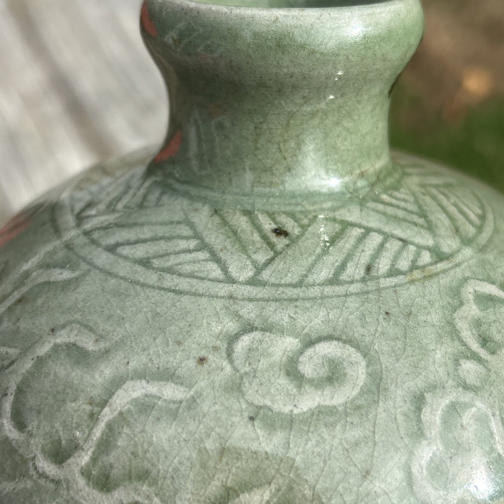 Antique Chinese Celadon Vase Qilin Motif Longquan Style Crackle Glaze
