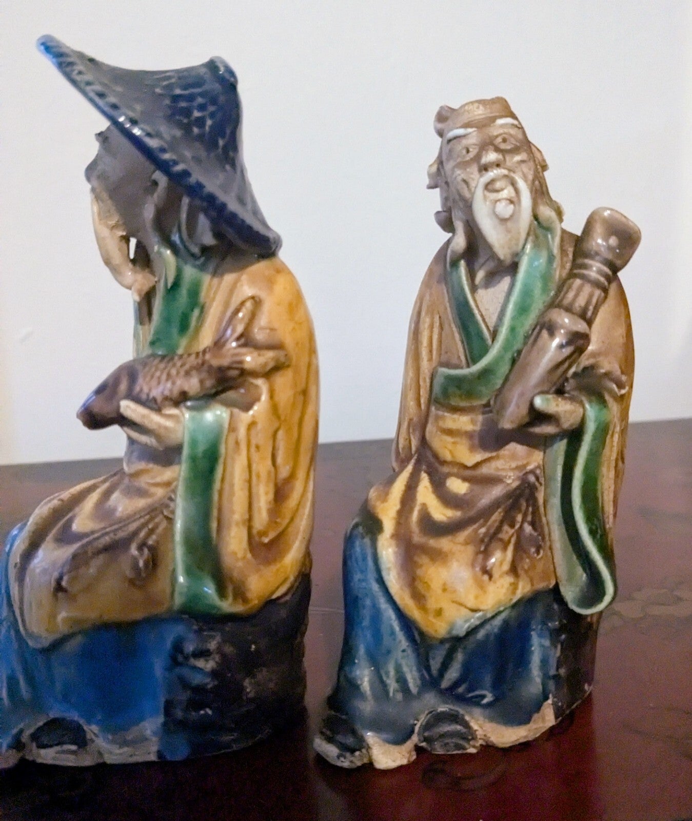 PAIR ANTIQUE MUD MAN 1890-1919 CHINESE FIGURE MAJOLICA POTTERY GLAZED