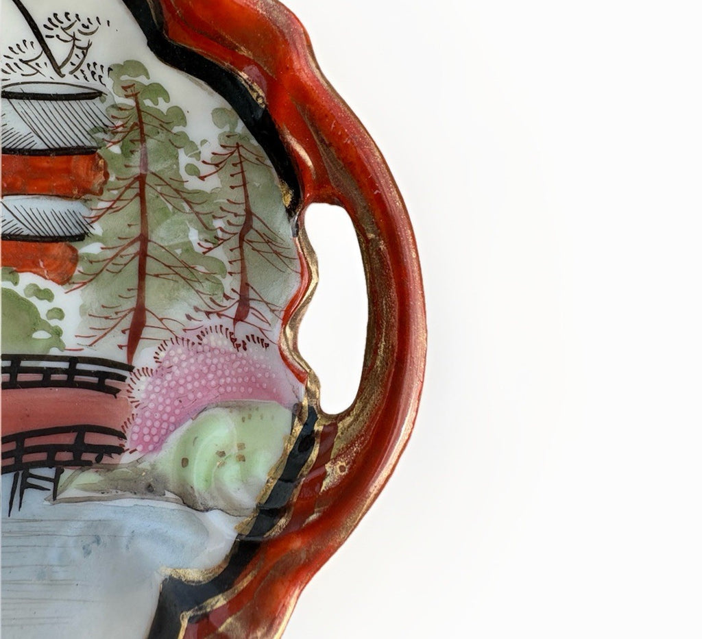 Vintage Japanese Geisha Porcelain Tray Scalloped Red Gilt Dish