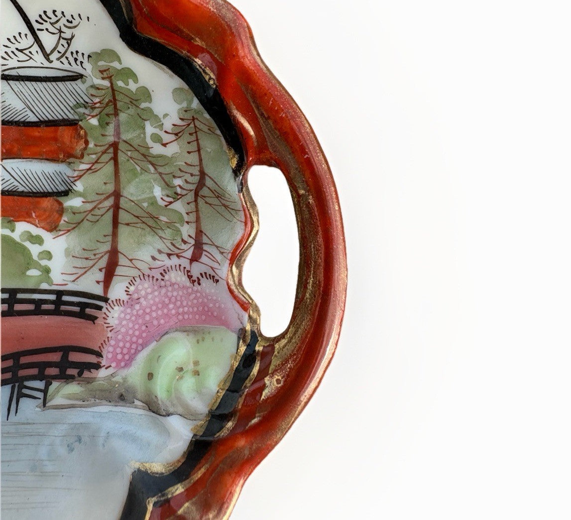 Vintage Japanese Geisha Porcelain Tray Scalloped Red Gilt Dish