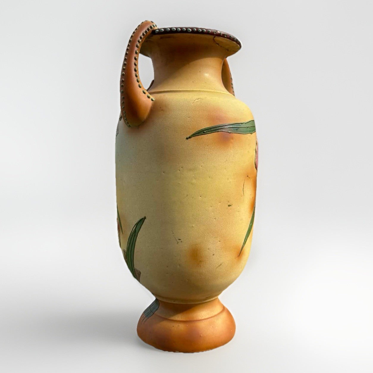 Art Nouveau Iris Vase Double Handle Relief 13” Antique Japanese