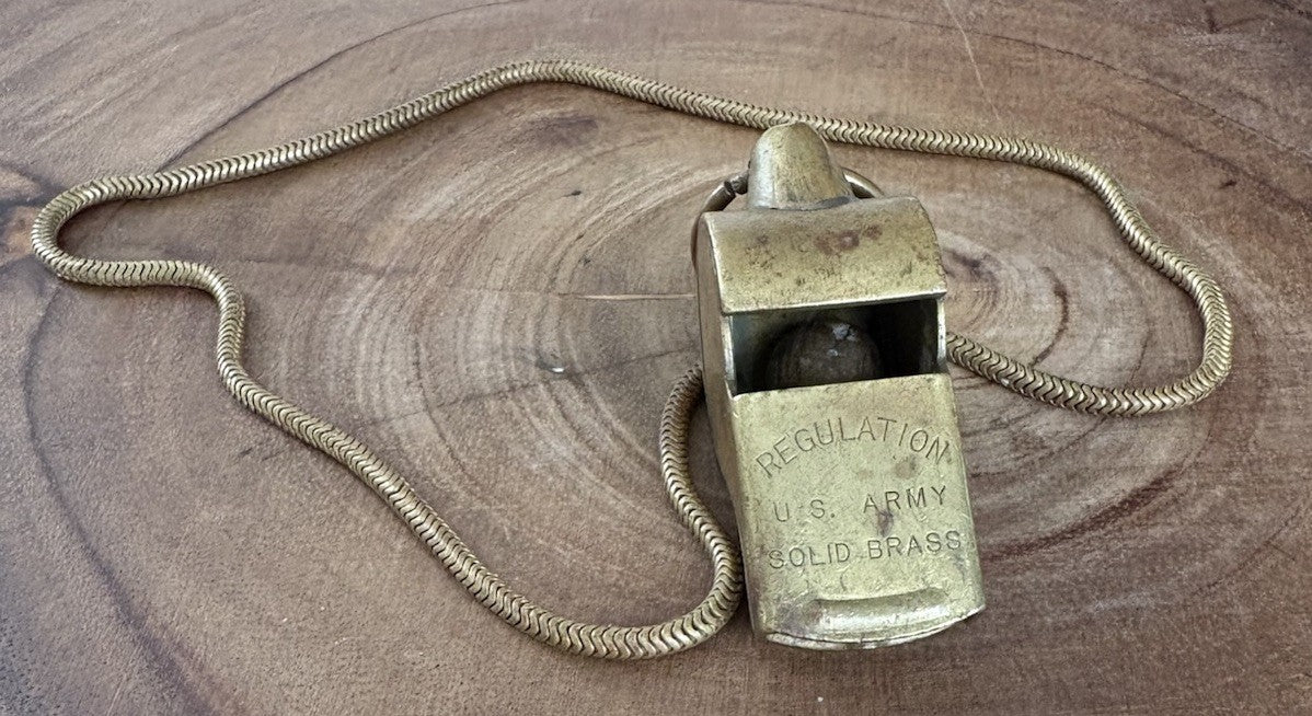 Vintage Solid Brass U.S. Army Regulation Military Whistle + Chain