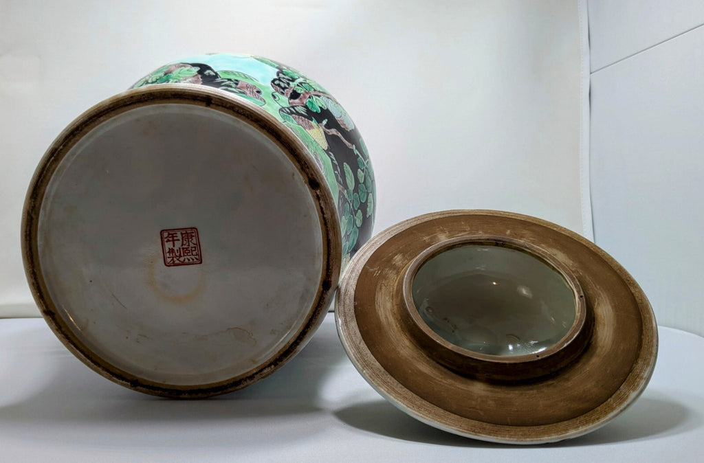 Pair Antique Chinese Famille Noire porcelain Lidded Jars-kangxi Mark Qing Black