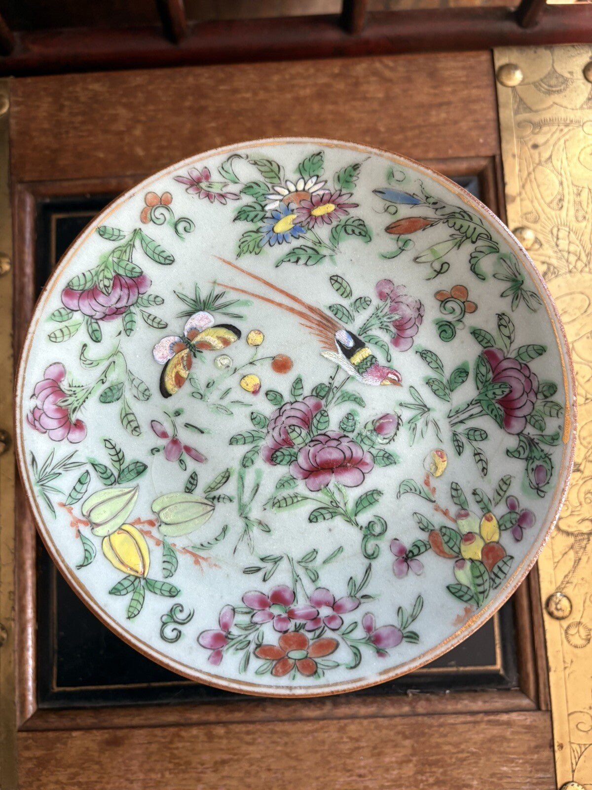 19thC Chinese Large Celedon Soup Dish & Plate With Flowers, Birds, Butterflies
