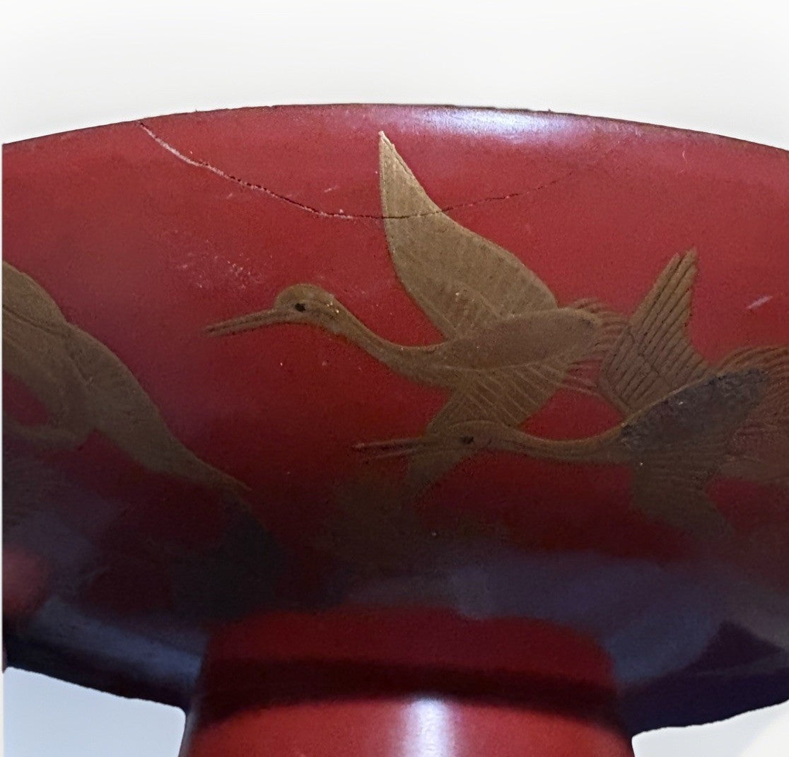 Antique Japanese Red Lacquer Plate Gold Cranes Pine Maki-e Meiji Style 8”