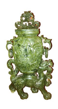 Chinese Jade Carved Foo Dog Urn Incense Burner Green Stone 11.5”