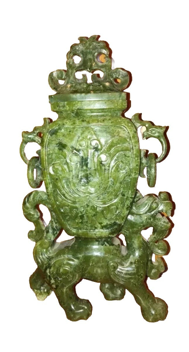 Chinese Jade Carved Foo Dog Urn Incense Burner Green Stone 11.5”