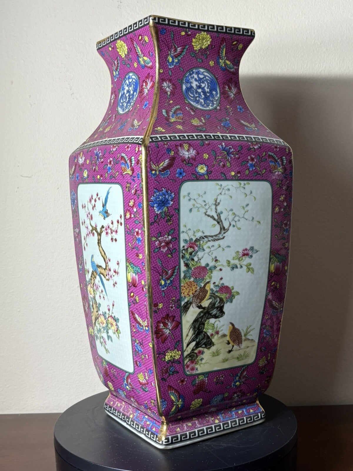 Chinese Style Porcelain Vase Cloisonné Pattern Pink Floral Bird 18”