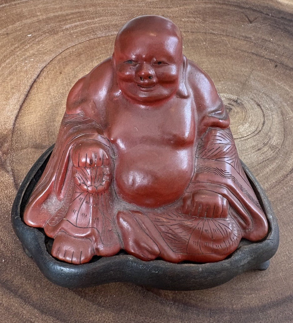 Vintage Red Laughing Buddha Figurine on Black Base – Asian