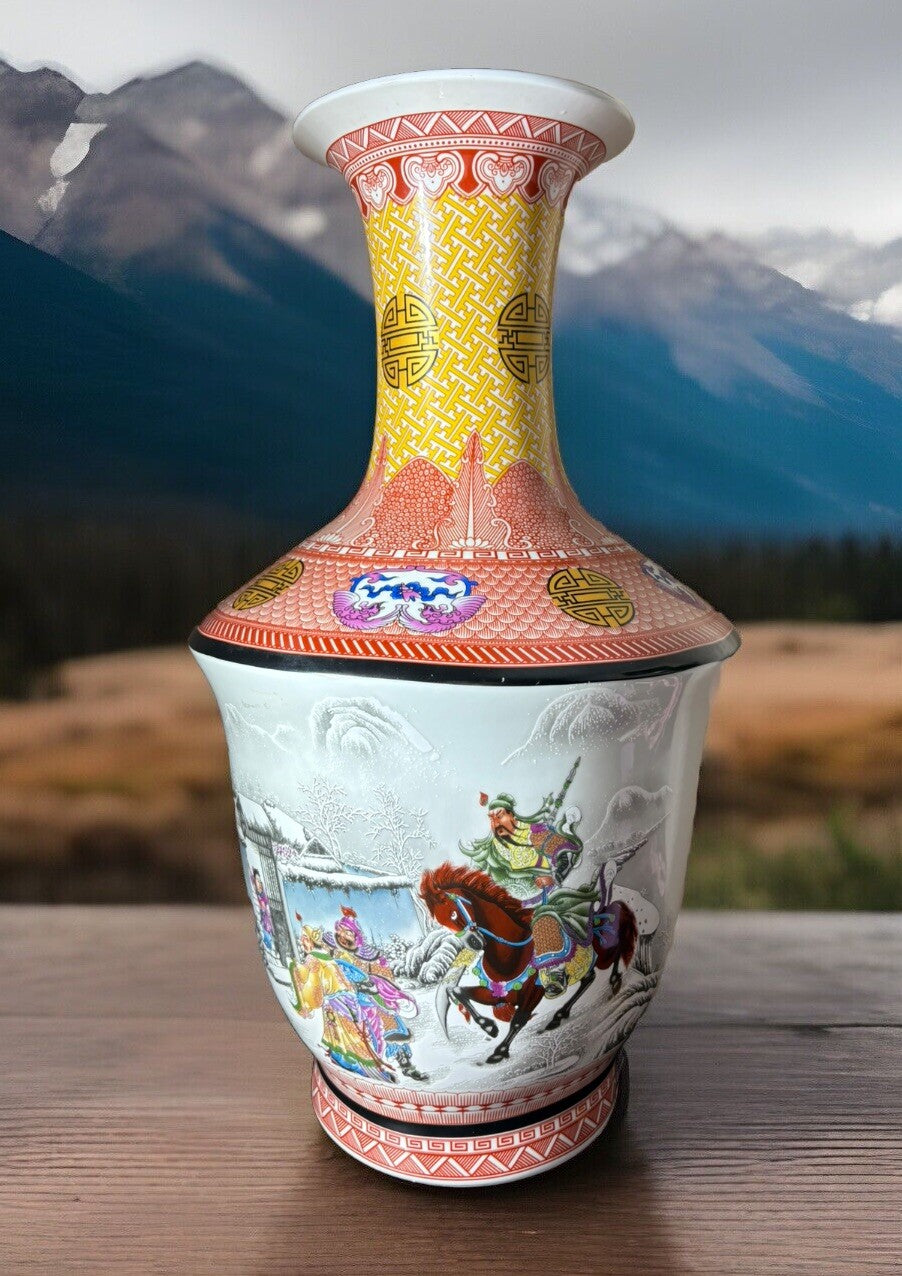 24” Tall Chinese enamel Mountain Landscape Warrior On House pattern vase