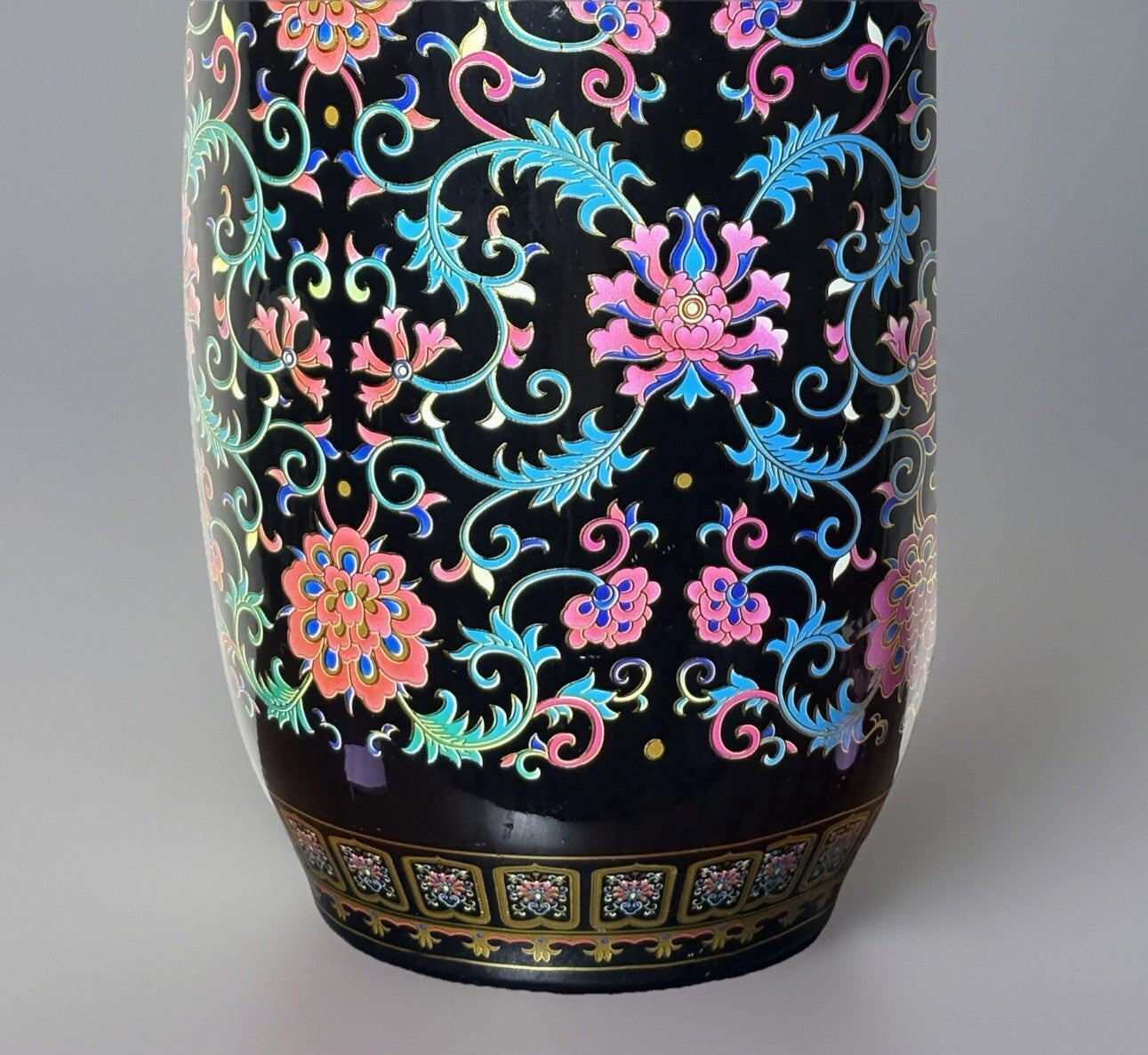 24” Chinese Large Floor Black Vase With Floral Patterns Pink Blue Green