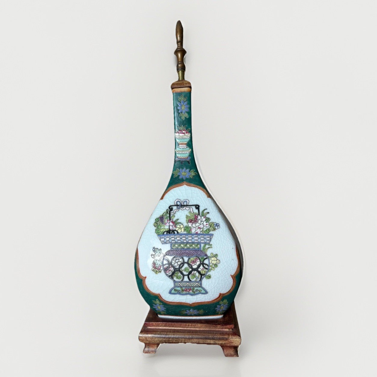 Chinese Famille Verte Crackle Glaze Vase Lamp Qing Style Marked Antique