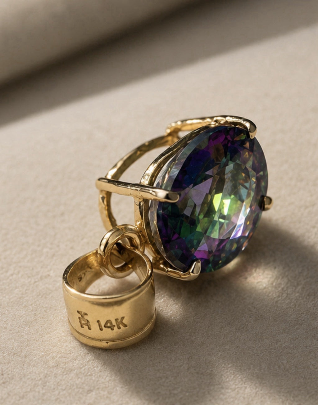 Vintage 14K Gold Mystic Topaz Pendant Rainbow Oval Cut Fine Jewelry