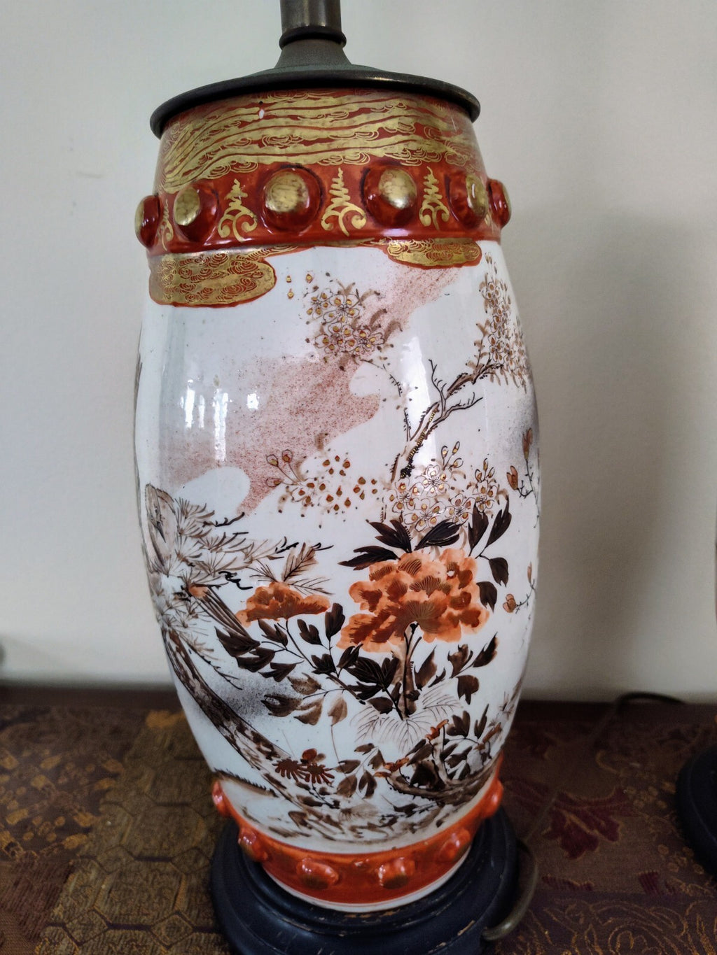 Pair Meiji Japanese Kutani Seizan Lamps, Gilt Birds & Cranes, Hand Painted