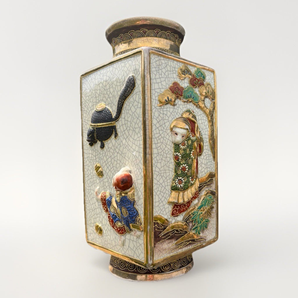 Antique Japanese Satsuma Moriage Square Vase Relief Figures Crackle Glaze