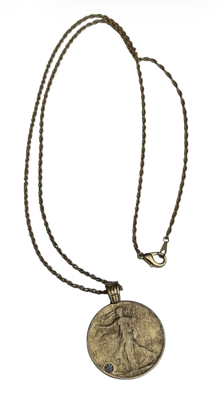Walking Liberty Half Dollar Gold Layered Coin Pendant Diamond Chip Necklace 24”