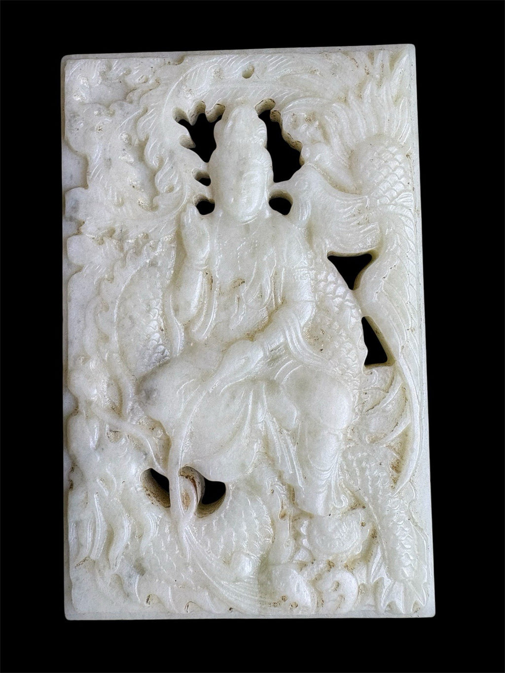 Qing Dynasty White Jade Guanyin & Phoenix Plaque – Double-Sided, 83g Nephrite