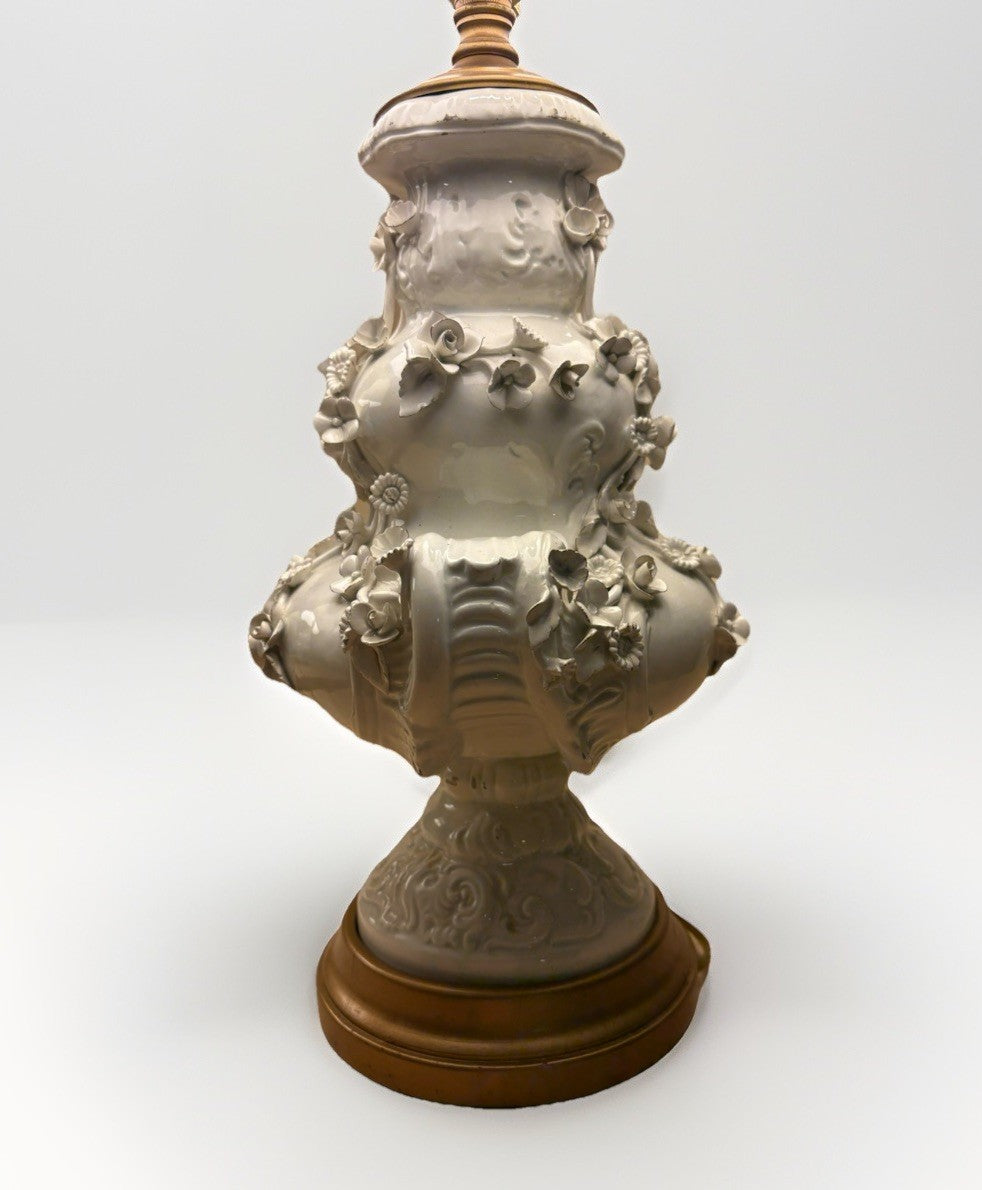 Vintage Blanc De Chine Porcelain Floral Relief Table Lamp Hollywood Regency