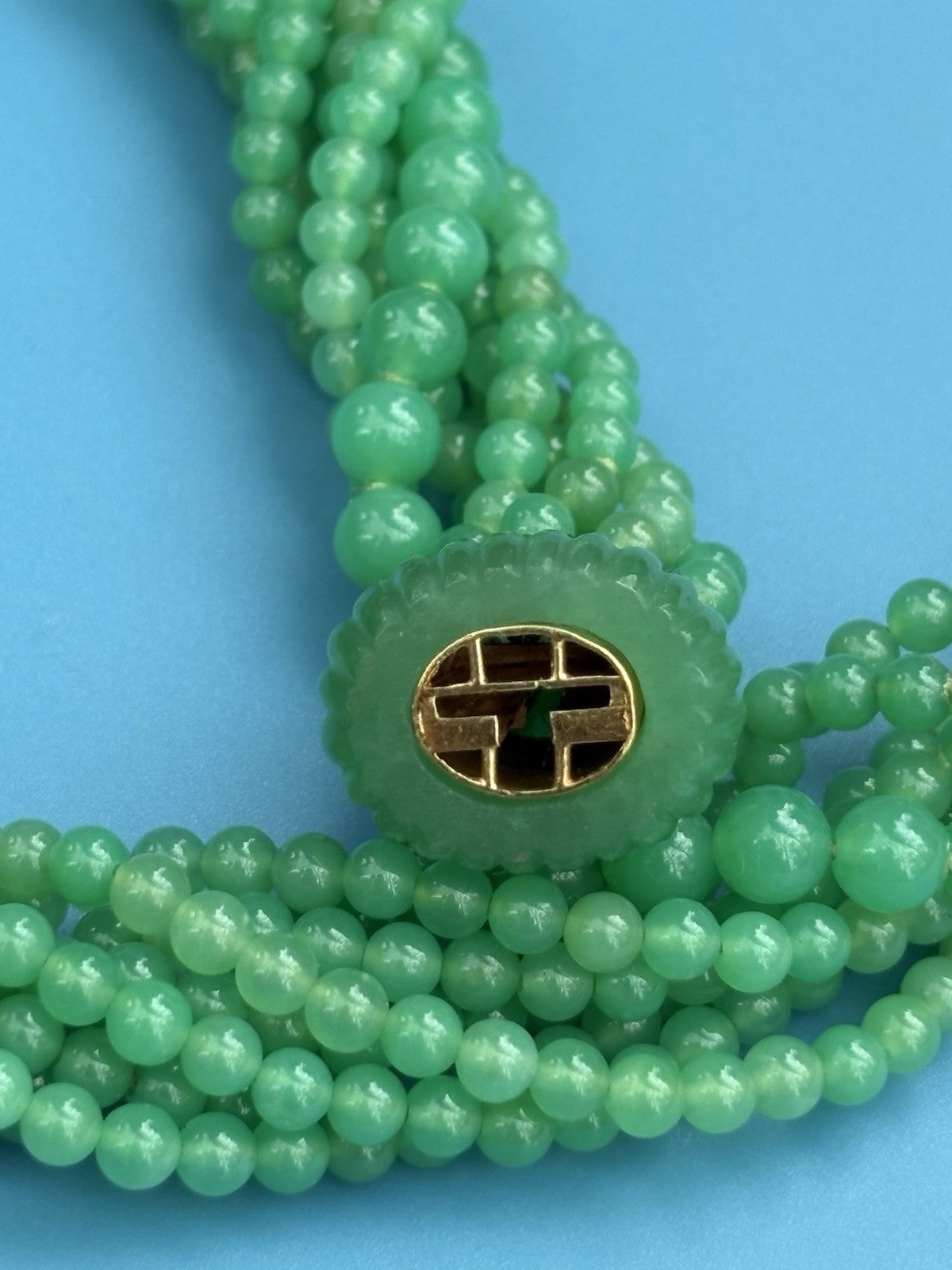 Art Deco 14k Gold Icy Jade Multi-strand Beaded Necklace-Onyx Carved Barrel Clasp