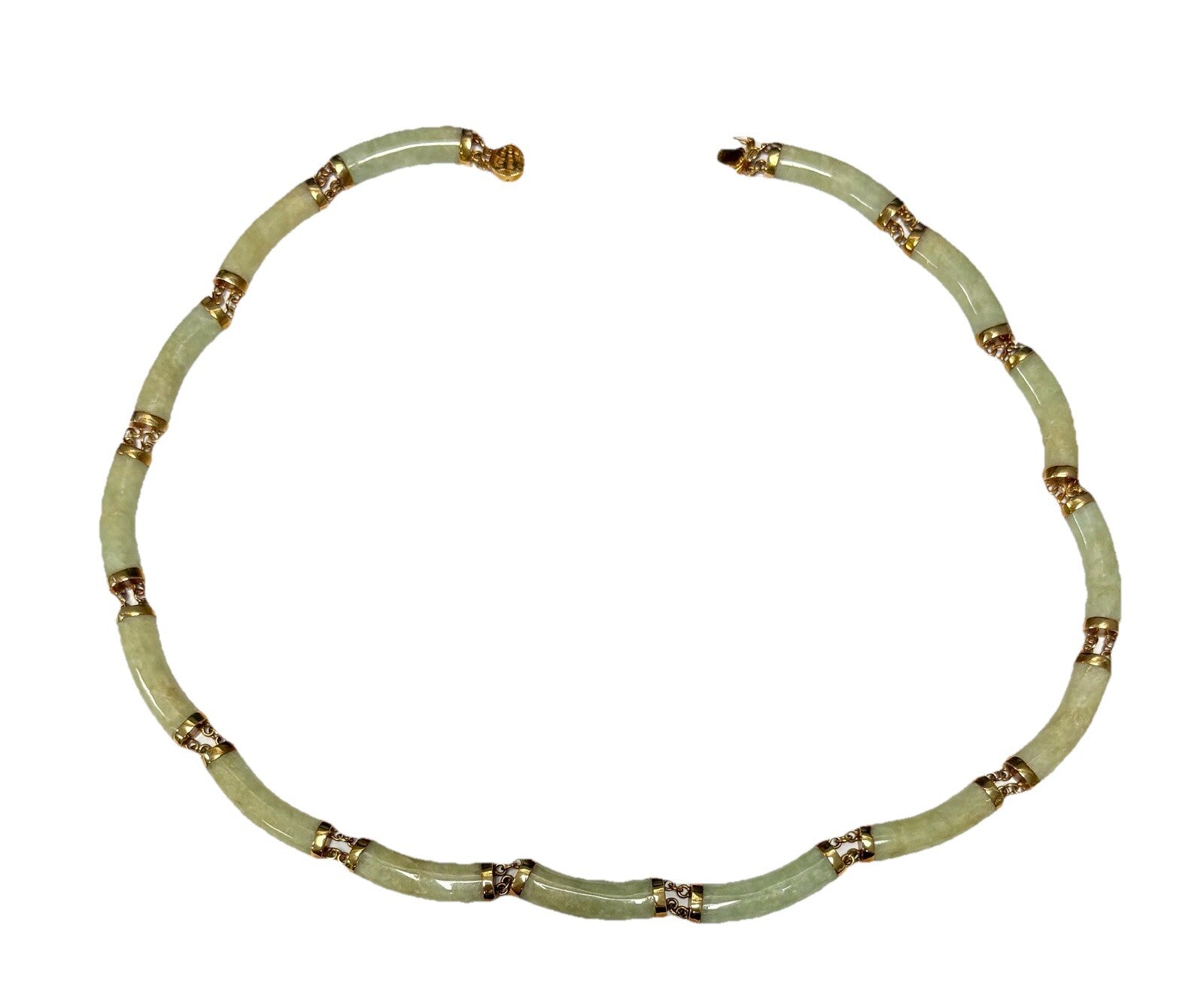 14K Gold & Celadon Jade Necklace – Vintage 17” Oriental Filigree Elegance