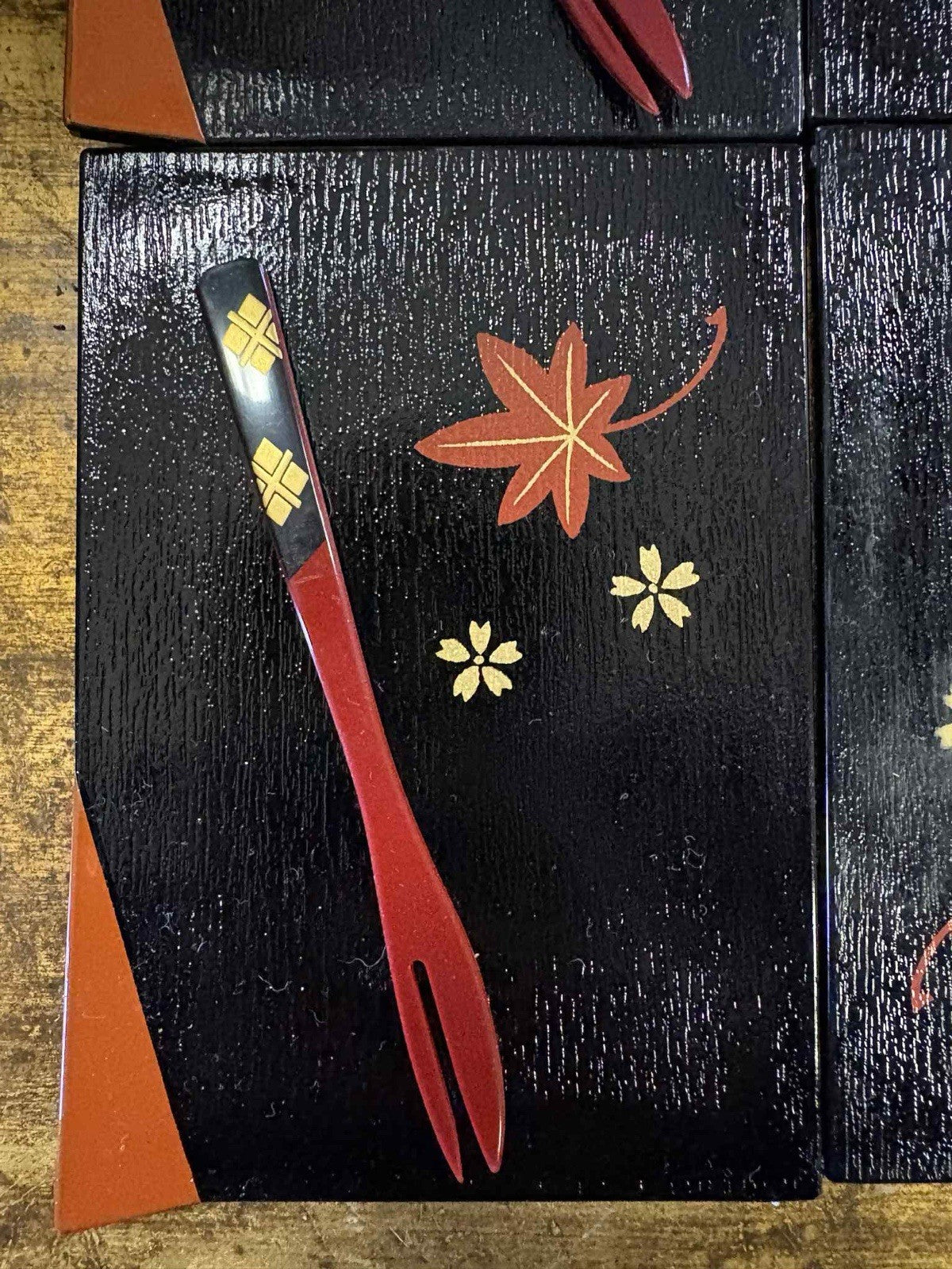 Vintage Japanese Lacquer Dessert Plates & Fork Picks Set w/ Box 5pcs
