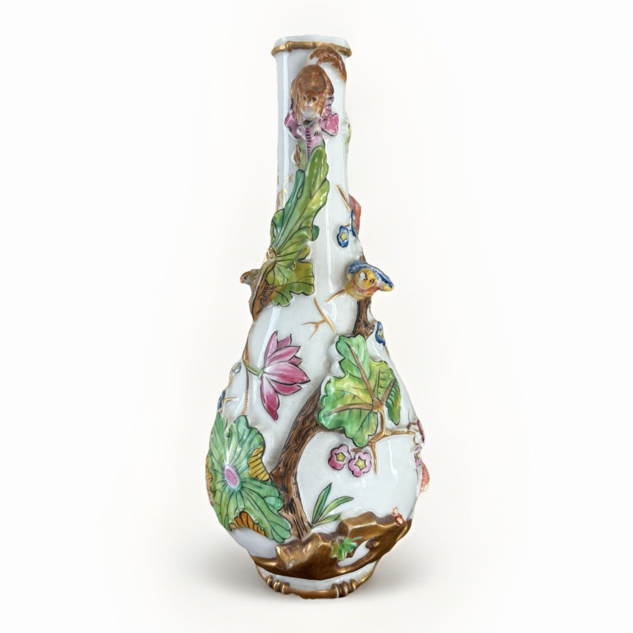 Antique Continental Porcelain Vase Figural Birds Squirrels Gilt