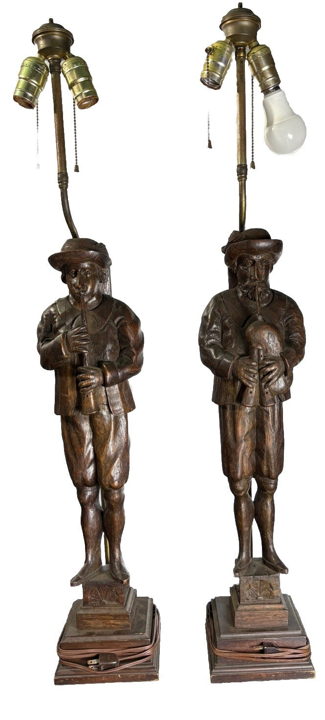 Vintage Pair Incredible Carved Wood Lamp Musicians 37”