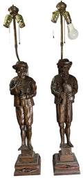 Vintage Pair Incredible Carved Wood Lamp Musicians 37”