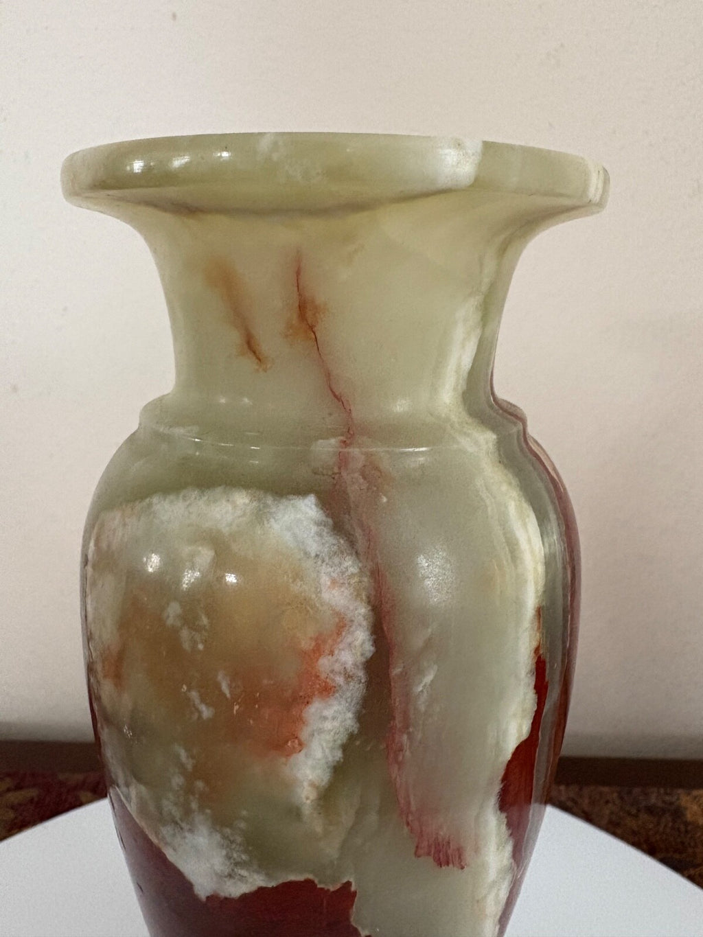 Vintage Green Onyx Stone Vase 9” Shades of Brown Cream & Green