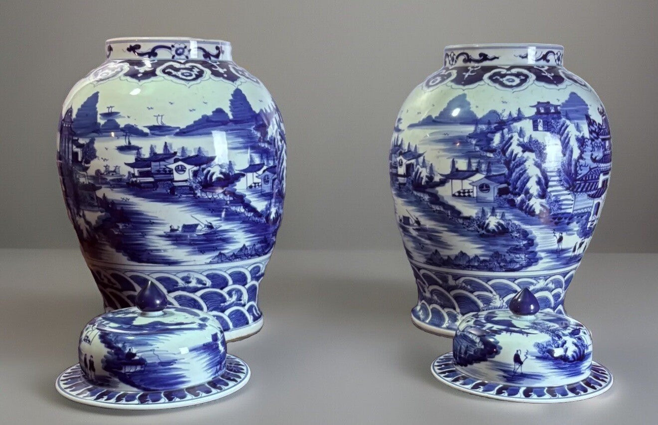 Antique Large Chinese pair Blue and White Jars 23”
