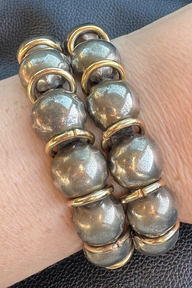 Vintage Brutalist Mixed Metal Bracelet 73g | Brass & Silver Tone, Leather Core