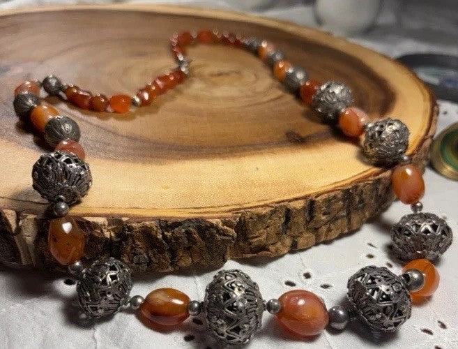 Vintage Sterling Silver 925 Carnelian Filigree Tribal Boho Necklace