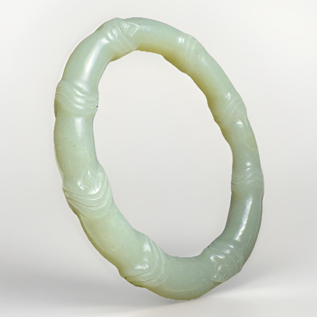 Natural Jade Bamboo Carved Oval Bangle Bracelet Celadon Green