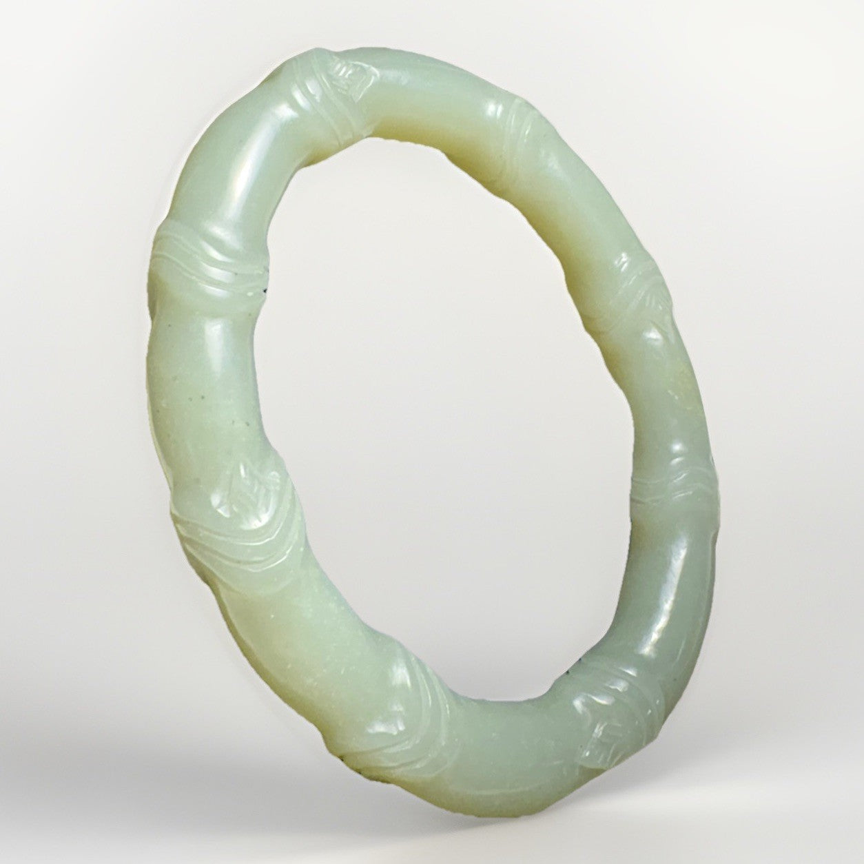 Natural Jade Bamboo Carved Oval Bangle Bracelet Celadon Green