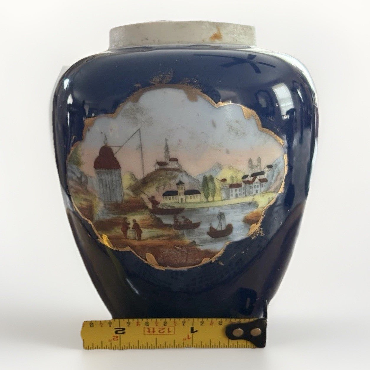 Antique 1830s Cobalt Blue Porcelain Vase Hand Painted Landscape Gold Gilt