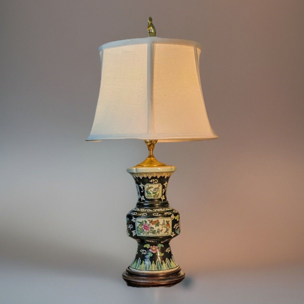 Vintage Asian Black Porcelain / Ceramic Lamp with Beautiful Flowers pattern