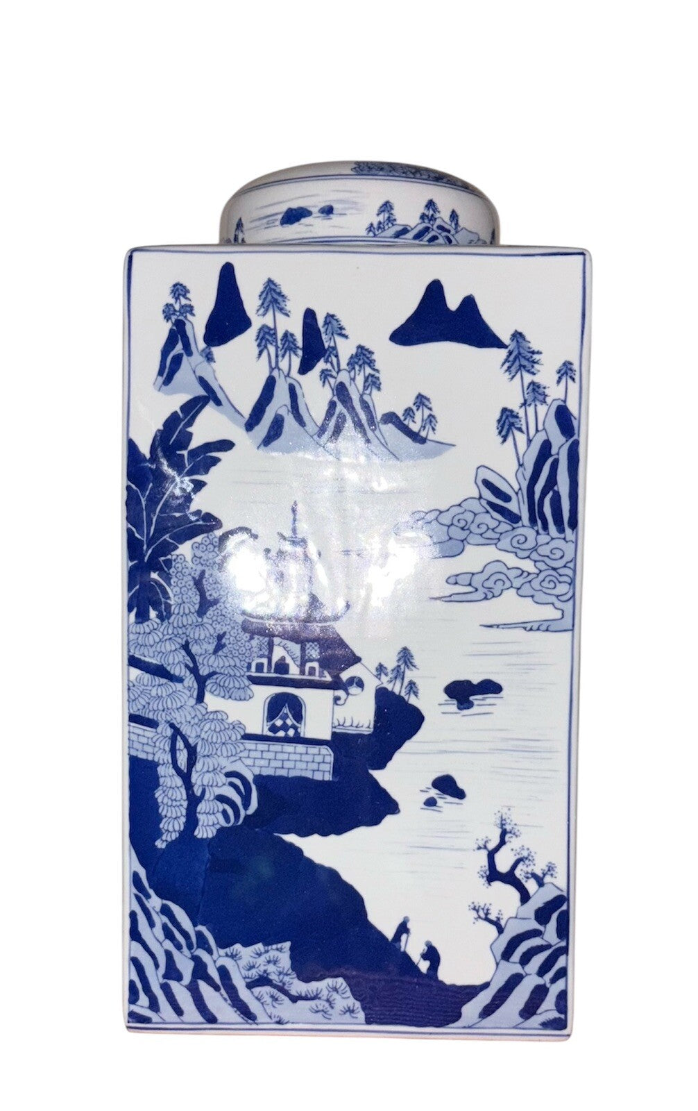 Elegant Blue & White Porcelain Tea Caddy – Hand-Painted Asian Landscape Jar 15”