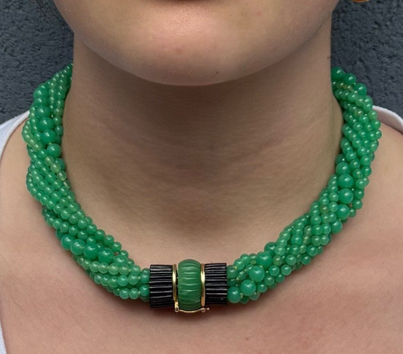 Art Deco 14k Gold Icy Jade Multi-strand Beaded Necklace-Onyx Carved Barrel Clasp