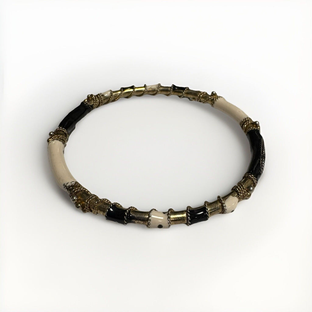 Black & White Enamel, Gold Tone Textured Rope Design Thin Bangle Bracelet