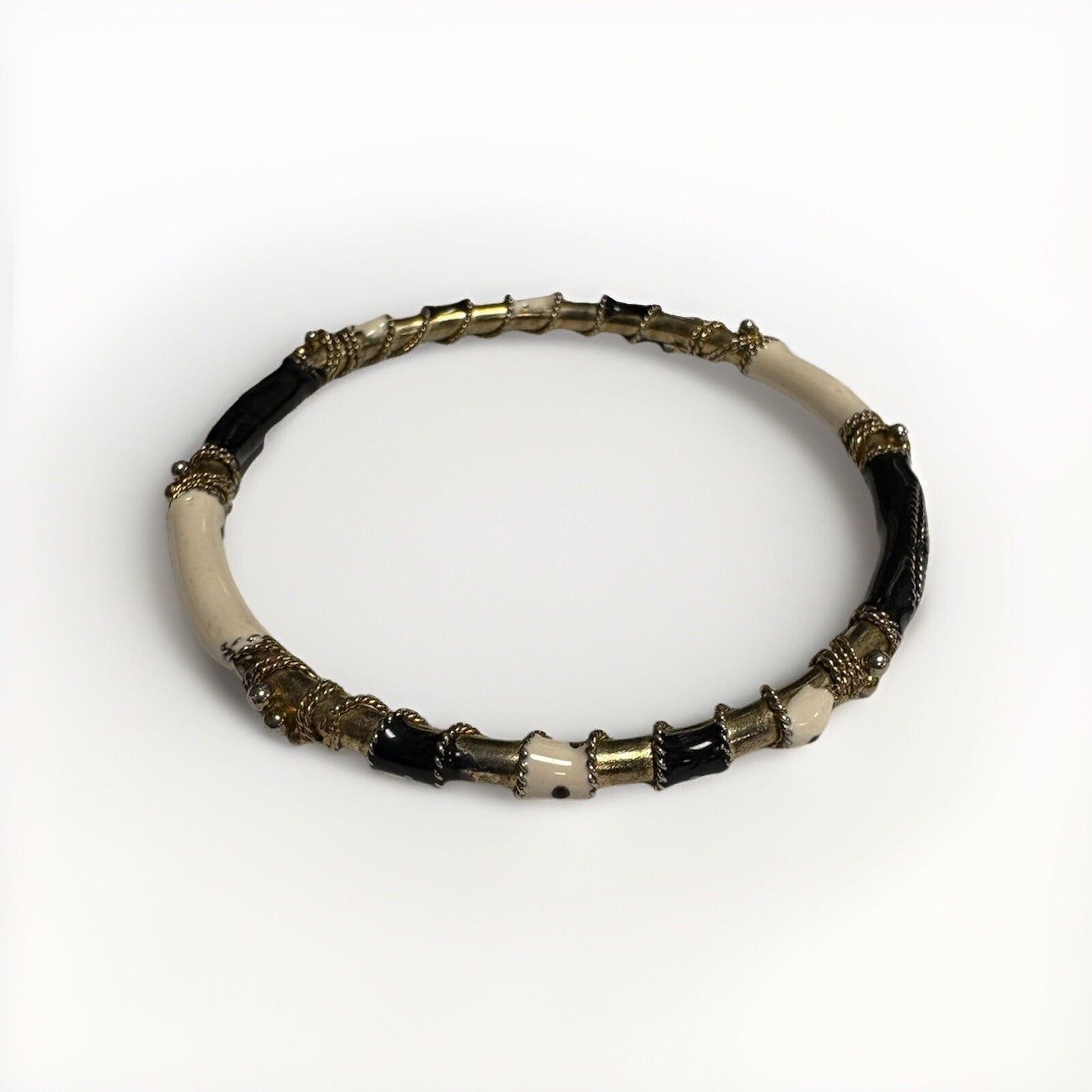 Black & White Enamel, Gold Tone Textured Rope Design Thin Bangle Bracelet