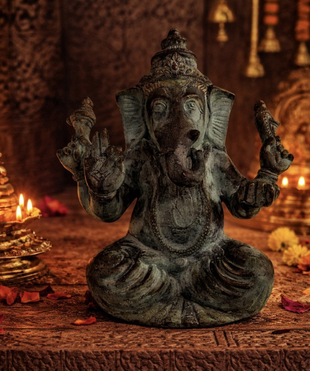 Antique Bronze Ganesha Statue Hindu God Ganesh Figurine Spiritual 10"