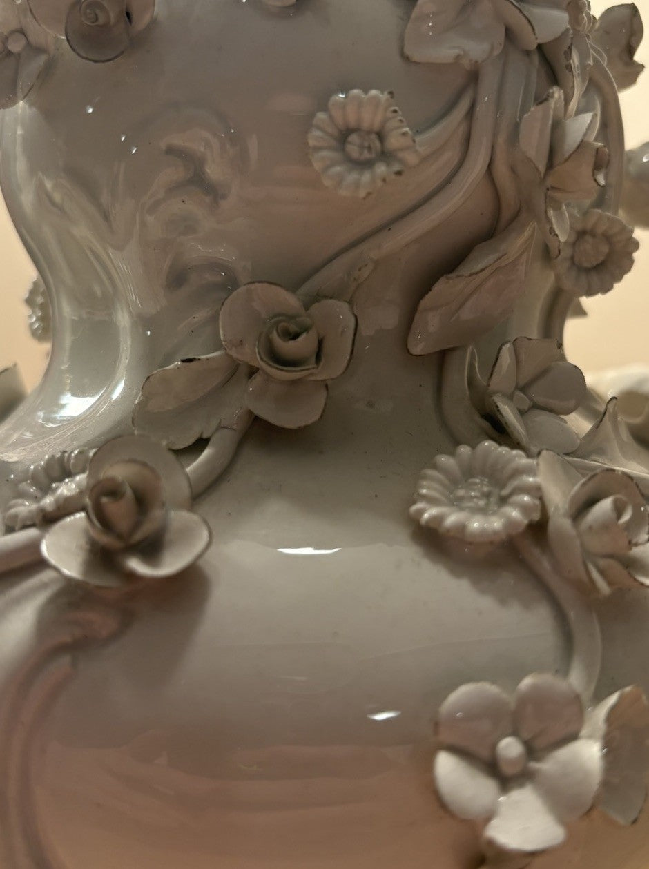 Vintage Blanc De Chine Porcelain Floral Relief Table Lamp Hollywood Regency