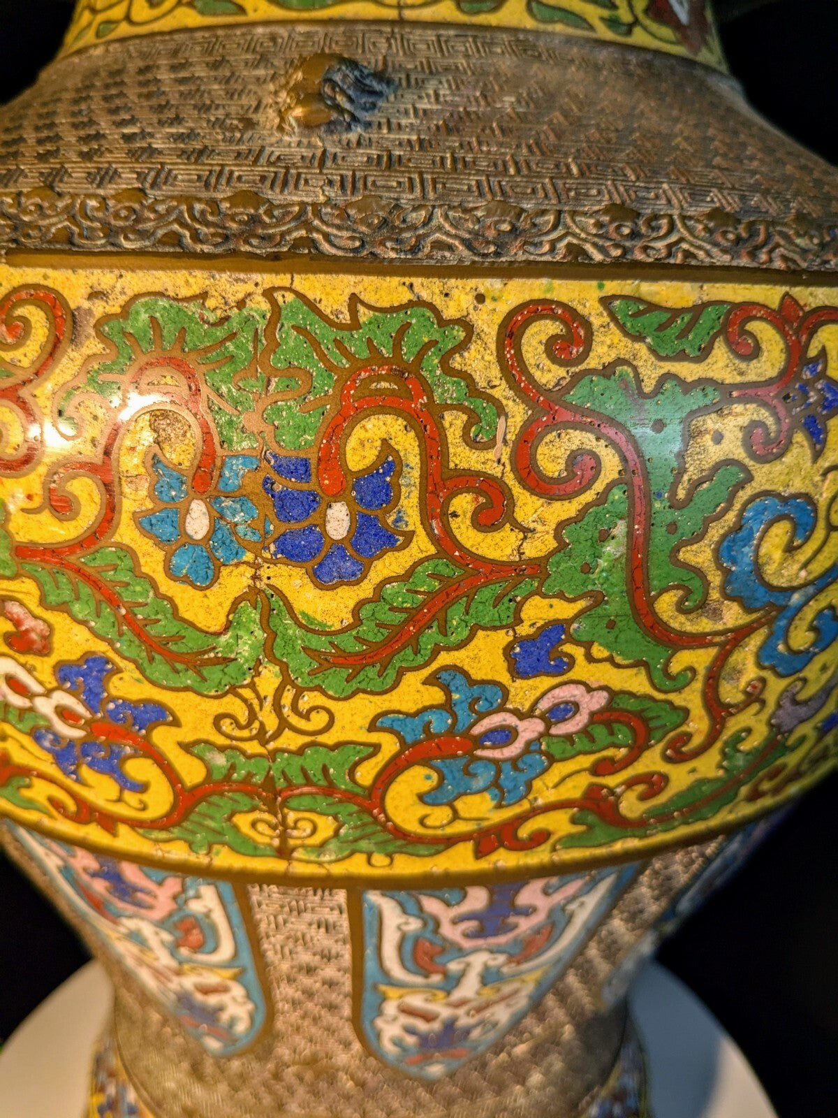 Japanese  Champlevé /Cloisonné Vase Bronze & Enamel 18" Height  12"Diameter
