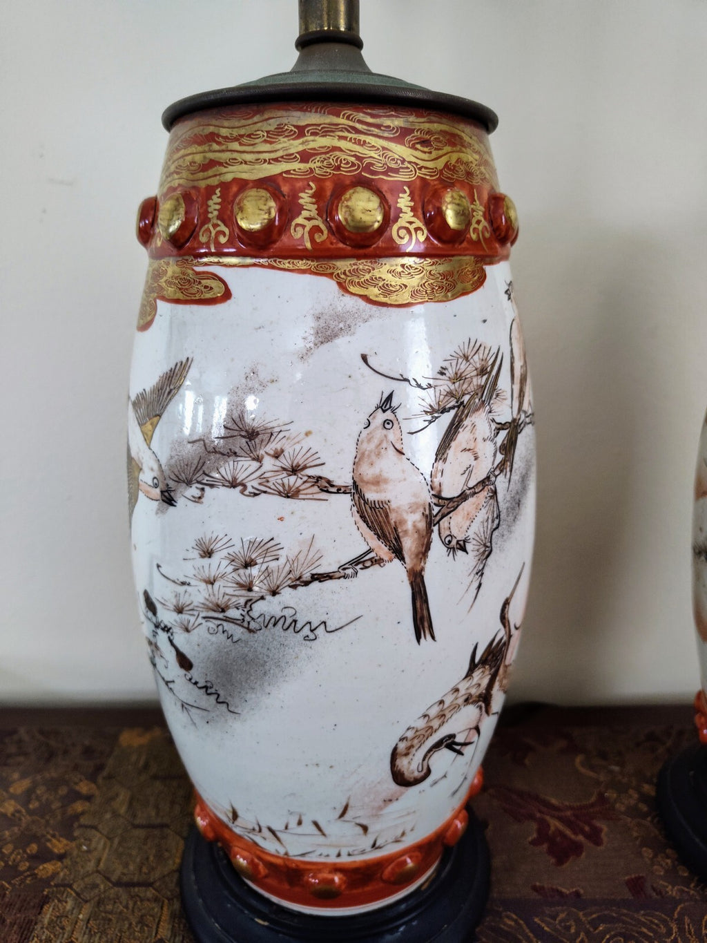 Pair Meiji Japanese Kutani Seizan Lamps, Gilt Birds & Cranes, Hand Painted