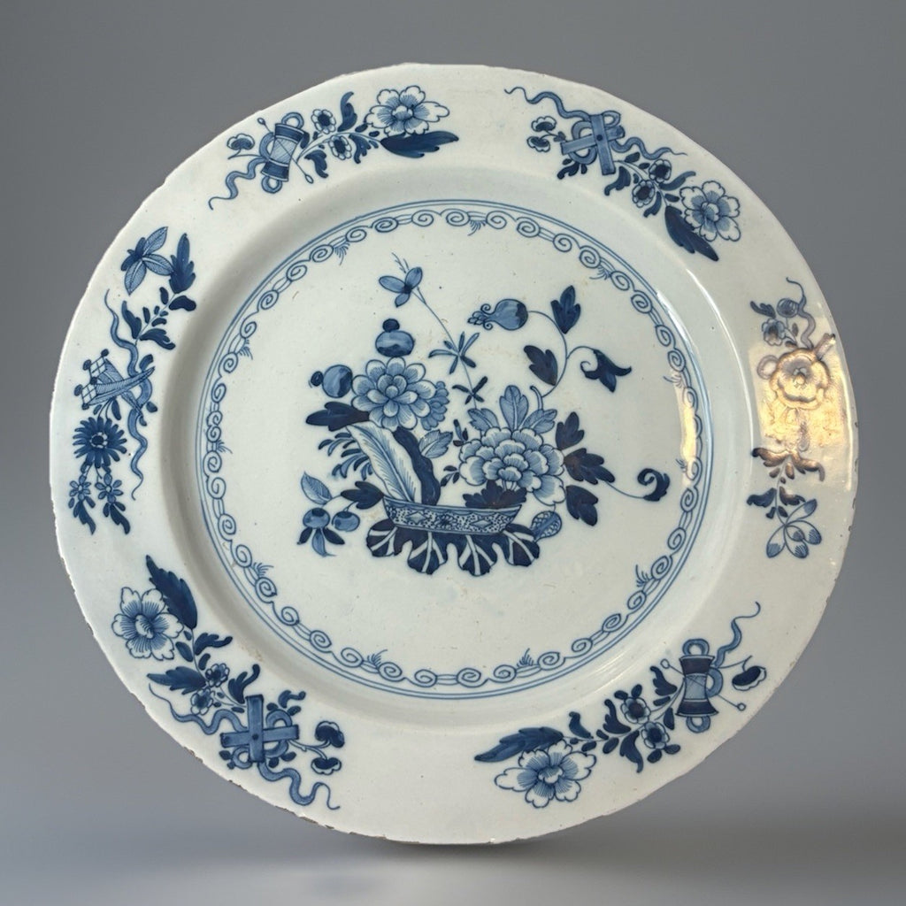 Antique Chinese Blue & White Basket of Flowers Charger 19th C. Qing 14.5”