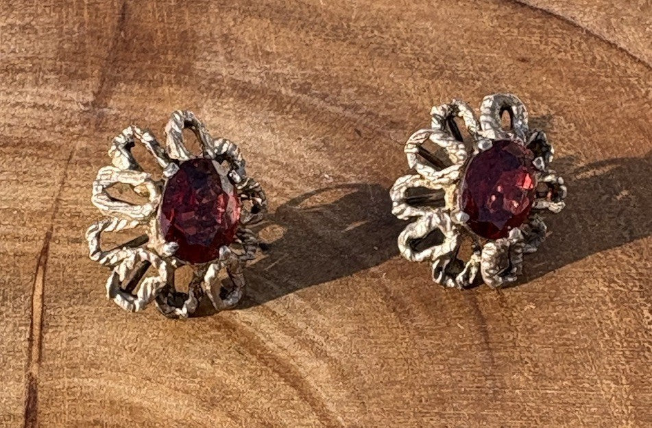 Vintage Sterling Brutalist Earrings Ruby Red Glass—Pierced Post MCM
