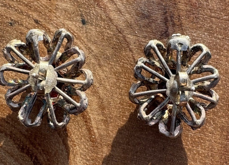 Vintage Sterling Brutalist Earrings Ruby Red Glass—Pierced Post MCM